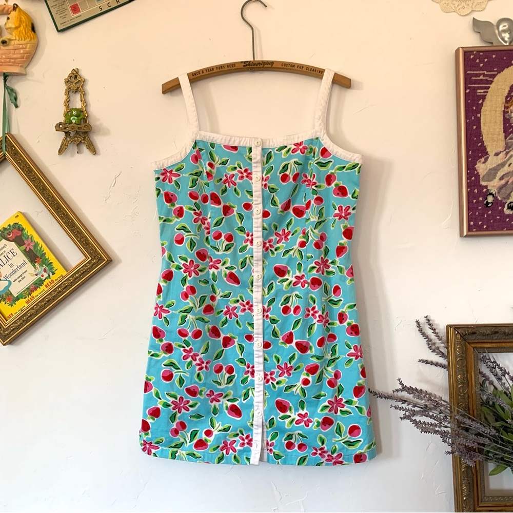 Spenser Jeremy Fruit Print Turquoise Mini Dress Button Front Barbie Core